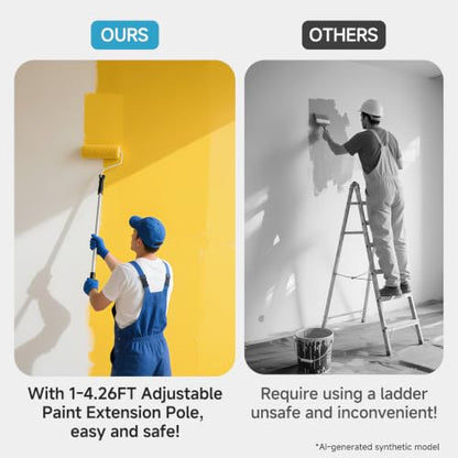Paint Roller Kit with Extension Pole - 6 Pieces Set with 9" Paint Roller, 2" Paint Brush, 51" Adjustable Extension Pole, 11" Sturdy Paint Tray - Complete Painting Tool Set - size: 9 Inch with Extension Pole
