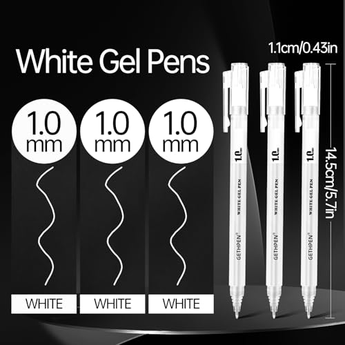 GETHPEN White Gel Pens, 1.0mm Fine Opaque White Ink Pens, 3 Pack | Opaque White Gel Ink Pens for Black Paper Drawing, Bullet Journaling, Artists Drawing, Sketching, Card Making - size: 1 Count (Pack of 3), style: 3 Pack White