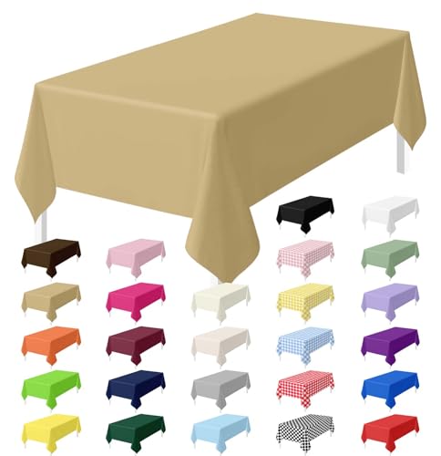 HEIPINIUYE 2 Pack Gold Tablecloth Disposable 54 x 108 Inch Gold Plastic Table Cloth Disposable Waterproof Rectangle Table Cover for Party Birthday Camping Picnic Tablecloths - color: Gold Rectangle Tablecloth, size: 2 Pack