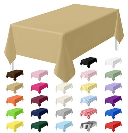 HEIPINIUYE 2 Pack Gold Tablecloth Disposable 54 x 108 Inch Gold Plastic Table Cloth Disposable Waterproof Rectangle Table Cover for Party Birthday Camping Picnic Tablecloths - color: Gold Rectangle Tablecloth, size: 2 Pack