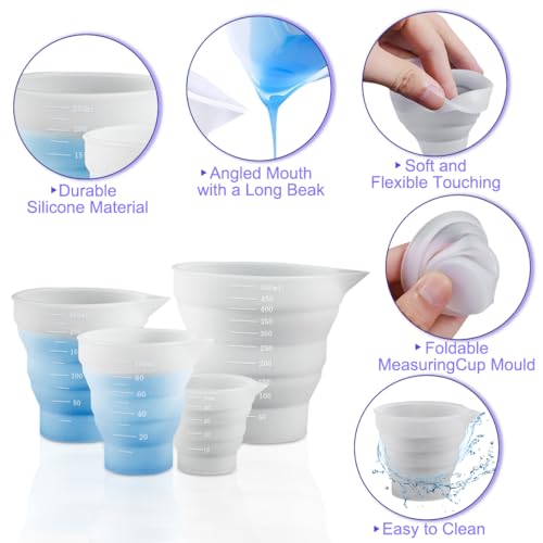 4 Pcs Silicone Resin Measure Cups Graduated Silicone Measuring Collapsible Silicone Measuring Cups,50ml/100/250ml/500ml Silicon Mixing Cups, for Epoxy Molds,Tumbler Making,Paint Making