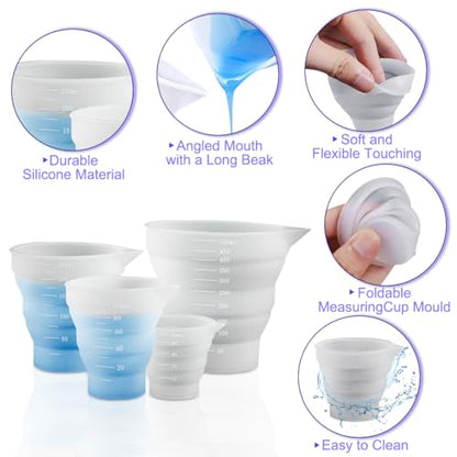 4 Pcs Silicone Resin Measure Cups Graduated Silicone Measuring Collapsible Silicone Measuring Cups,50ml/100/250ml/500ml Silicon Mixing Cups, for Epoxy Molds,Tumbler Making,Paint Making