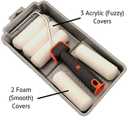 Edward Tools 7 Piece 4” Paint Roller Kit - Includes Acrylic, Polyester and Foam Covers - Deluxe Plastic Paint Tray - Ergo-Grip Frame with Rubber Handle