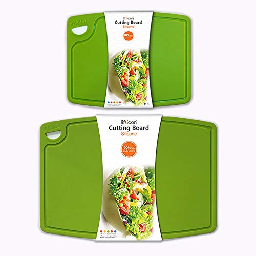 Liflicon Thick Cutting Boards for Kitchen Silicone Chopping Board Set of 2 Mid 12.6'' x 9.1”,Mini 9.1”x7.1” Non-slip Deep Drip Juice Groove Easy Grip Handle,Dishwasher Safe-Green - color: Green, size: 9.1"L x 7.1"W & 12.6"L x 9.1"W