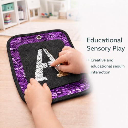 Sparkle & Focus Sensory Room Must Haves – Reversible Sequin Sensory Mats for Kids, Autism Sensory Products, Calm Down Corner & Travel Activity Kit, Sensory Wall Board Set with Letter & Number Stencils
