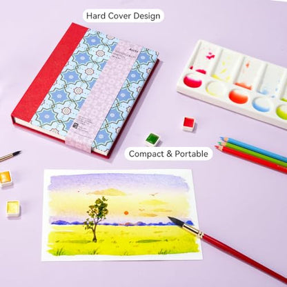 Arrtx Watercolor Sketchbook, 8.27x5.79 Hot Press | 140LB/300GSM, 100% Cotton, Hardcover, 24 Sheets. Ideal Travel Notebook for Artists, Adults, and Students - size: 8.27x5.79''