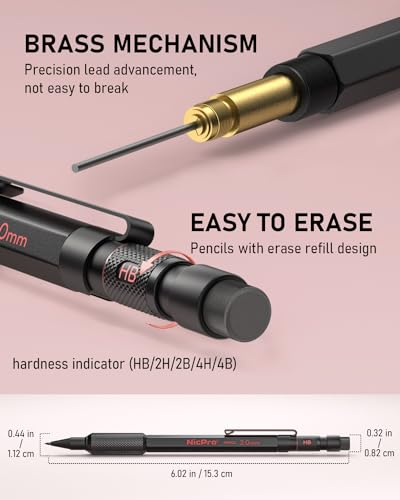 Nicpro 2mm Metal Mechanical Pencils Set with Case, 5 Pack Black | 65 Lead Refills (6B 4B 2B HB 2H 4H Color), Eraser, Weatherproof Metal Barrel, Heavy Duty Carpenter Pencil For Writing Drawing - size: 5 Pack