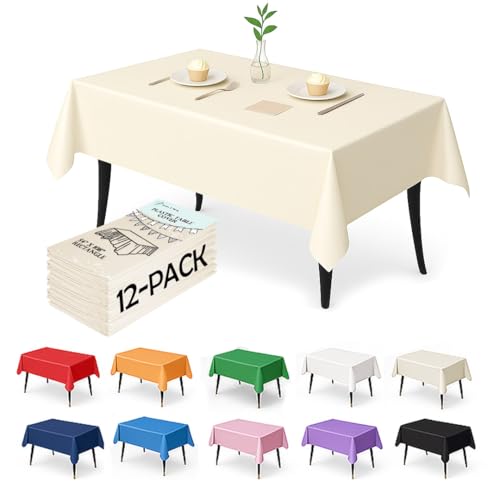 12-Pack Ivory Plastic Tablecloths – 54 x 108 Inch Disposable Table Covers for Rectangle Tables, Heavy Duty & Waterproof for Parties, Events, Banquets, Ivory - color: Ivory, size: 54" x 108" Rectangle