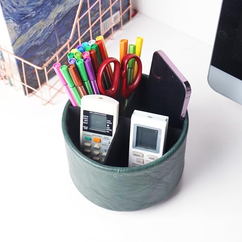 Round Leather Art Supply Organizer,Remote Control Holder,360 Degree Spinning,Multi-Functional Pencil Holder,4 Compartments Desktop Stationary Organizer(1-Crazy Green) - color: 1-Crazy Green