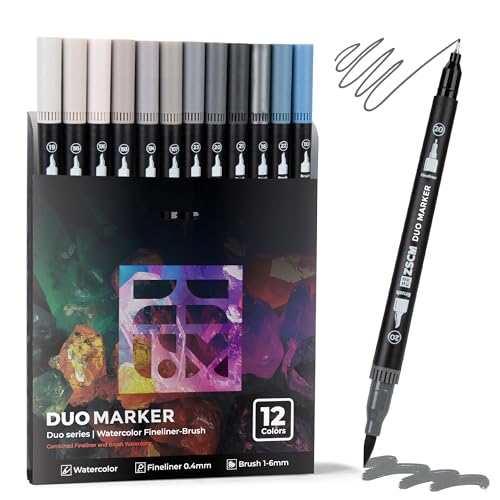 Gray Duo Tip Marker Pens, 12 Fine & Brush Tip Pen For Adult Coloring Books | No Bleeding Neutral Gray Markers, Drawing Pen for Shading, Urban Sketches, Architectural Drawings and Realistic Textures - color: 12 Gray