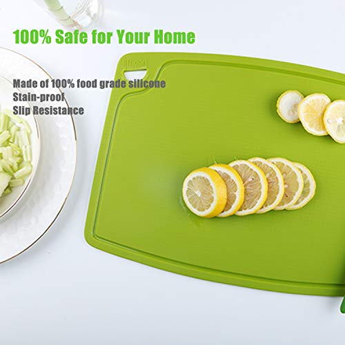 Liflicon Silicone Thick Cutting Boards Mats Set of 3 Foldable & Flexible Design Juice Grooves Easy Grip Handle Dishwasher Safe for Kitchen,BPA free Silicone Cutting Board-Green - color: Green, size: 9.1"L x 7.1"W, 12.6"L x 9.1"W & 14.6"L x 10.4"W