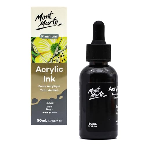 Mont Marte Acrylic Ink Premium 50ml - Black, Acrylic Inks for Artists, Fluoro Colors, Ideal for Air Brush, Pouring Art, Scrapbooking, Ink Drawing, Mixed Media - color: Black, size: 1.7 fl oz
