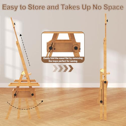 Large Beech Wood H-Frame Easel, Professional Painting Easel with 2 Palette - color: Natural