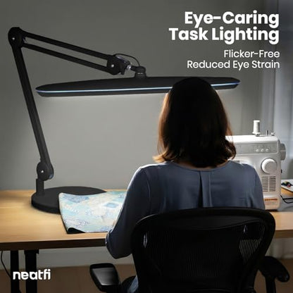 Neatfi XL 2,200 Lumens 20W LED Task Lamp – 23” Ultra-Wide Head | 182 SMD LEDs | 4 Brightness Levels | 3 Light Modes | Eye-Caring, Glare-Free | Adjustable Arm (Black, CCT with Clamp) - color: Black