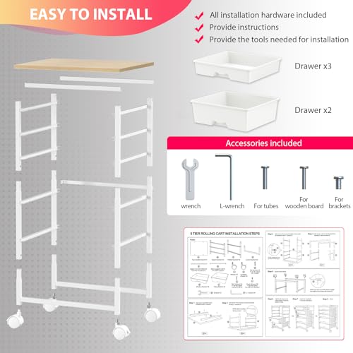 Goovilla Rolling Cart with 5 Drawers for Craft, Art, Dorm, Office, White - size: White