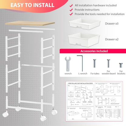 Goovilla Rolling Cart with 5 Drawers for Craft, Art, Dorm, Office, White - size: White