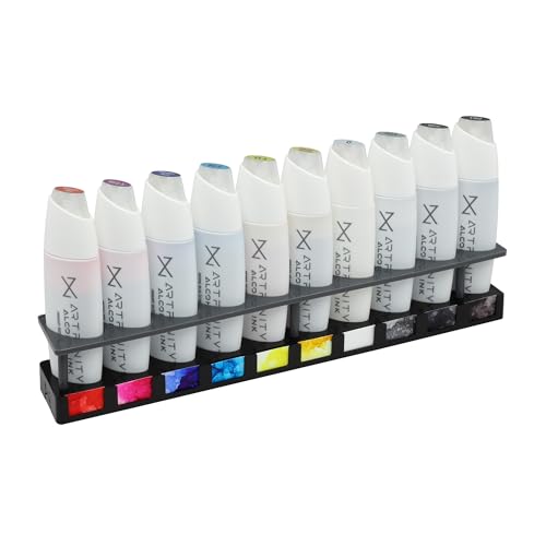 Artfinity Alcohol Ink Mixology Set of 10 Colors (25 ml) with Free Acrylic Stand - for Painting or Alcohol Marker Refill Ink, Acid-Free, Fast-Drying, Permanent, Transparent, Swatch Template - color: Mixology