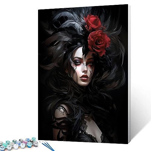 Mysterious Noble Woman Paint by Numbers Black Feathers And Red Roses DIY Painting by Number for Adults and Beginner with Brushes and Acrylic Pigment Dark Style for Home Decor Without Frame 16x20inch - color: Artwork-02, size: 16''x20''(Frameless)