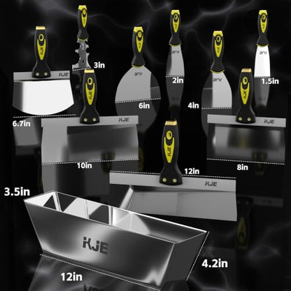 KJE 10PCS Drywall Tools, Drywall Knife set, Drywall Tool Kit includes Taping knives, Putty Knives, Joint Knives, and a Mud Pan, for Wall Work, Espatulas Para Construccion