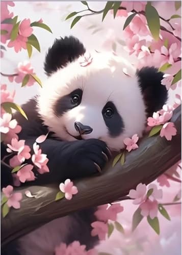 ZeeLionArt Diamond Art Kit, Cute Panda Cherry Blossoms, 12 x 16 Inch | Cute Animal Gem Art, 5D DIY Full Square Drill Diamond Painting Kit for Adults, Wall Art Decor Gift - color: DP04191