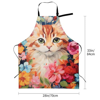 Art Apron with Pocket for Women Men | Kitchen Aprons Chef Apron for Cooking Baking BBQ Painting Gardening - color: Cat With Colorful Flowers