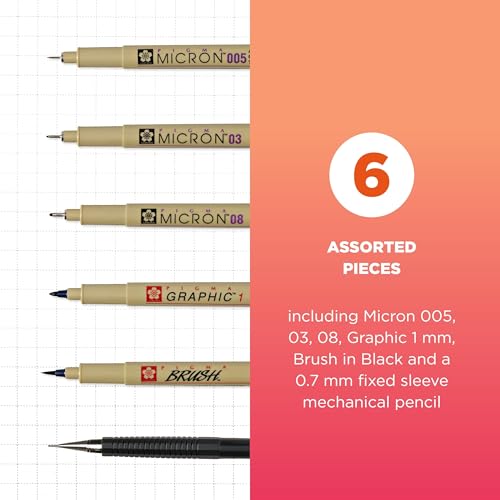 SAKURA 50201 6-Piece Pigma Manga Comic Pro Drawing Kit,Black | Pigment-Based Archival Ink for Manga & Anime Art, Detail Work, Waterproof, Fade-Resistant, No Bleed - style: 6 Pen Pack