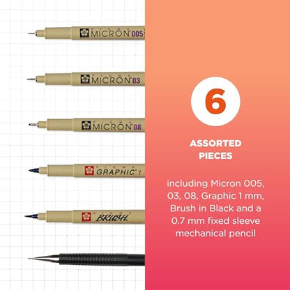 SAKURA 50201 6-Piece Pigma Manga Comic Pro Drawing Kit,Black | Pigment-Based Archival Ink for Manga & Anime Art, Detail Work, Waterproof, Fade-Resistant, No Bleed - style: 6 Pen Pack