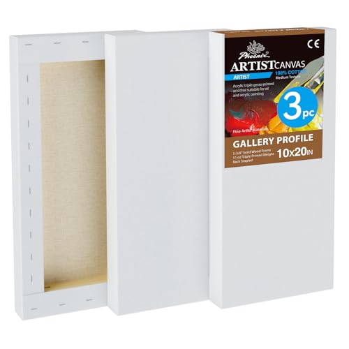 PHOENIX 10x20 Inch 3 Pack Gallery Canvas - 1.5 in Thick Long Canvases for Painting - Deep Edge 100% Cotton 11 Oz. Gesso Primed White Blank Professional Canvas Oil & Acrylic Paints - size: 10"x20", style: Gallery