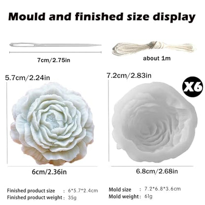 6 Pack Peony Flower Silicone Soap Molds with Large-Eye Wicking Needle,Candlewick,Moldes para Velas, Flower Molds Silicone Candle Molds for DIY Scented Candle, Soy Wax, Cake, Soap,Casting Craft Mould - color: 6PCS-Peony