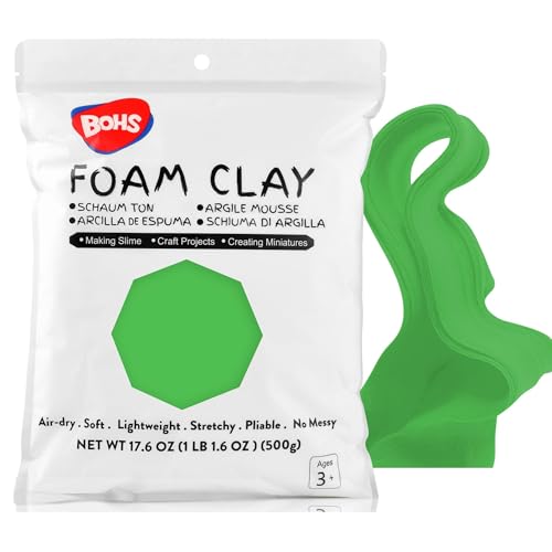 BOHS Foam Clay, Green Air Dry Modeling Clay, 1.1 lb | Soft, lightweight; crack-free finish; EVA and polystyrene foam details; cosplay props, figurines, fake bakes and slime making - color: Green, size: 500 g