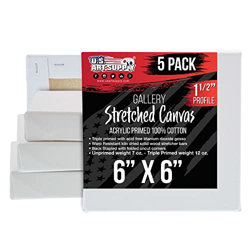 U.S. Art Supply 6"x6" Stretched Canvas for Painting, Gallery Depth 5-Pack - size: 6" x 6"