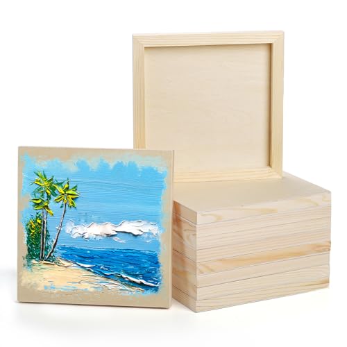 10 Pack Unfinished Wood Panels, 8 x 8 Inches Birch Wooden Cradled Painting Panel Canvas Boards for Watercolor, Arts and DIY Crafts, Easel Display, Use with Oils, Acrylics
