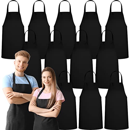 GREEN LIFESTYLE 12 Pack Bib Apron - Unisex Black Aprons, Machine Washable Aprons for Men and Women, Kitchen Cooking BBQ Bulk (Pack of 12, No Pockets, Black) - color: Black