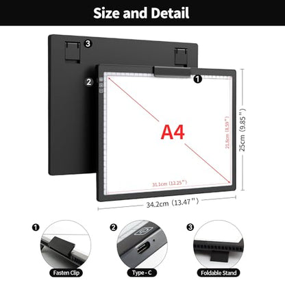Zocelight Rechargeable A4 Light Box,led Light pad with Built-in Stand & Clip,6 Levels of Brightness Light Box for tracing,Diamond Painting.Light Table for Artists,Drawing,Sketching,Animation,X-ray