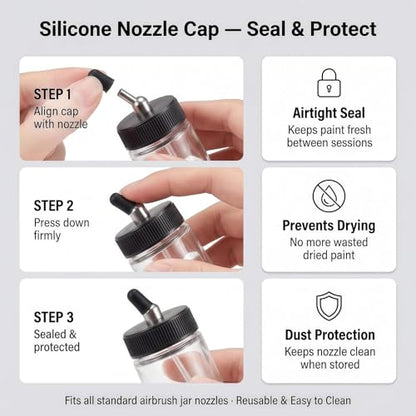 10pk 0.75oz Glass Airbrush Bottles, 30° Siphon with Silicone Caps | 10 glass jars with 30° siphon adapter, 10 silicone caps seal paint & block dust, fits Iwata/Master/Badger,easy-clean bulk set - size: G2P
