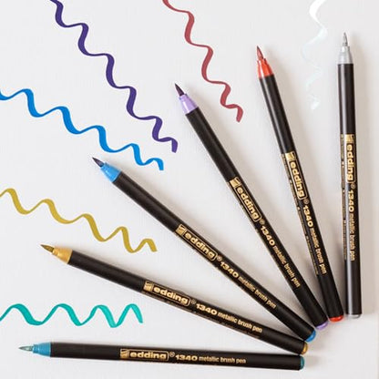 edding 1340 Metallic Brush Pen - Set of 6 pens - Flexible Brush Nib 1-6 mm - Glitter Metallic Marker for Lettering, Drawing and Sketching - high opcaity Even on Darker Paper - color: 27: Set of 6 - Metallic