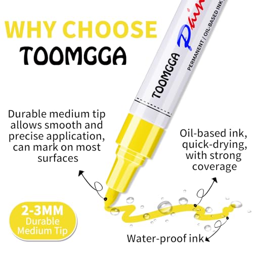TOOMGGA 12 Yellow Paint Pens Permanent Paint Markers, Oil Based Medium Tip | Marking Pens, Quick Drying, Waterproof, Fade-resistant, for Rock Painting, Car Tyre, Metal, Plastic, Canvas, Wood, Glass - color: Yellow