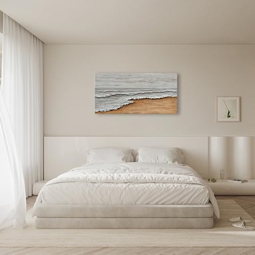 Art Hand-Painted Yellow and White Ocean Beach Landscape Oil Painting Modern Abstract Canvas Art Home Wall Decoration 24x48 inches - color: Dn169