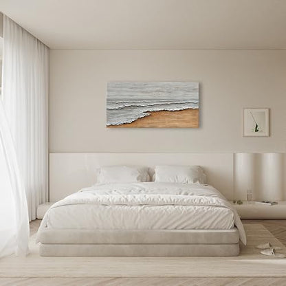 Art Hand-Painted Yellow and White Ocean Beach Landscape Oil Painting Modern Abstract Canvas Art Home Wall Decoration 24x48 inches - color: Dn169