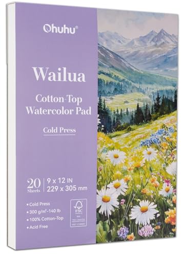 Ohuhu Cotton-Top Watercolor Paper Pad 9"x12" Cold Press Paper 20 Sheets