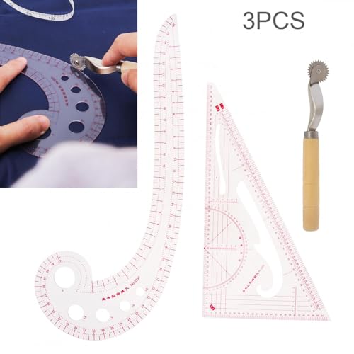 3pcs Clothing Patterning Ruler Sew French Curve Ruler Metric Shaped Plastic Sewing Tools Include Curve/Triangular Rule Tracing Wheel for Beginners Tailors Designers (3pcs)