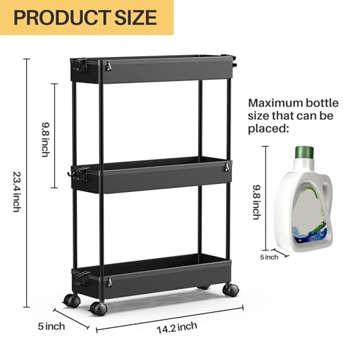 SPACEKEEPER Slim Rolling Storage Cart, 3 Tier Bathroom Storage Organizer Laundry Room Utility Cart Mobile Shelving Unit, Multi-Purpose for Kitchen Office Bathroom Laundry Narrow Places, Black | Narrow Rolling Cart with Wheels for Kitchen Office Bathroom L