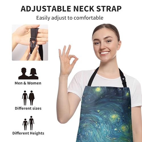 Fall Aprons Golden Sunflower Wheat Field Under Van Gogh Starry Night Apron with Pockets Adjustable Strap Autumn Kitchen Chef Apron Art Apron for Painting Crafting Cooking Barbecue Sewing - color: Fall Starry Night
