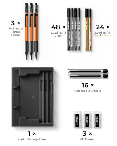 Four Candies 3PCS 1.3mm Metal Mechanical Pencil Set with Case (Orange) | 72 Refills (Red,Black,Yellow), 3 Erasers, 16 Eraser Refills, Weatherproof Body for Construction Outdoor Woodworking Marking - size: 3-Pack, style: Orange