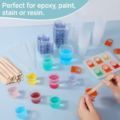 90PCS Epoxy Mixing Cups Kit, 40PCS 100ml Disposable Graduated Cups Transparent Scale Cups with 50 Pack Wooden Stirring Sticks for Paint Mixing, Jewelry Making, Liquid Measuring - color: Clear cups+wooden stick, size: 100ml