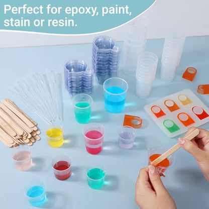 90PCS Epoxy Mixing Cups Kit, 40PCS 100ml Disposable Graduated Cups Transparent Scale Cups with 50 Pack Wooden Stirring Sticks for Paint Mixing, Jewelry Making, Liquid Measuring - color: Clear cups+wooden stick, size: 100ml