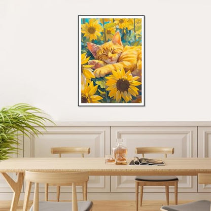 SJUTOUCI Orange Cat Diamond Art Kit for Adults, Kitten Diamond Painting | Animal and Sunflower Gem Art, Bead Art, Diamond Dots Craft, Round Full Drill, Home Decor, DIY Gift, 12×16 inch