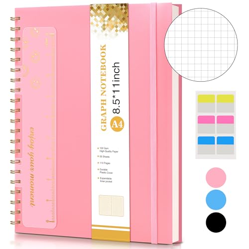 Graph Paper Notebook, Spiral Notebook Journal 8.5” x 11”, A4 Large Grid Notebooks for Women Men, 100 GSM Graph Paper, Plastic Hardcover Spiral Graphing Journals for Work School Engineering, Pink - color: Pink, size: Graph