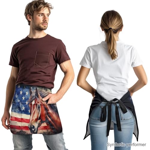 Waist Apron with 3 Pockets Waterproof 13 Inch Short Half Waist Aprons Women Men Server Aprons Waitress Waiter Apron - color: American Flag Horse
