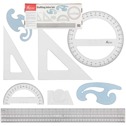Acurit Drafting Introduction Set of 8 - Professional Drafting Tools for Architects & Artists: Includes Triangles, Grid-Scale Ruler, Lettering Guide, Protractors & French Curves - Drafting Kit - size: Set of 8